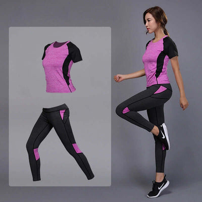 Fitness yoga clothing set for women in black and pink, suitable for all seasons, made from polyester and spandex.